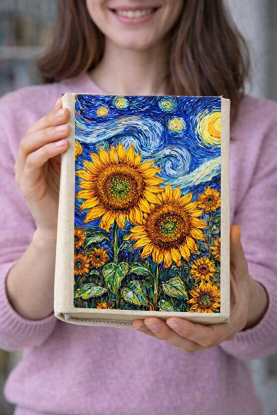 Van Gogh Ayçiçeği Desenli Bez Kitap Kılıfı – Baskılı Kumaş Kitap Kabı, Kitap Koruyucu