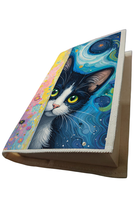 Kedi Desenli Bez Kitap Kılıfı – Sanatsal Baskılı Kumaş Kitap Kabı, Kitap Koruyucu Kılıf