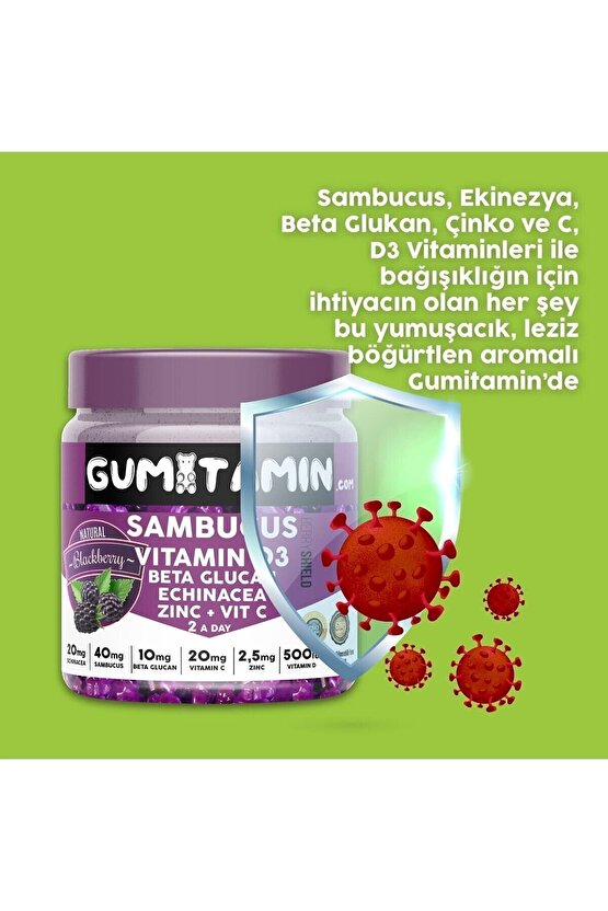 Sambucus Multivitamin Karamürver, Vitamin C+d3, Çinko, Beta Glukan Doğal Böğürtlen Aromalı