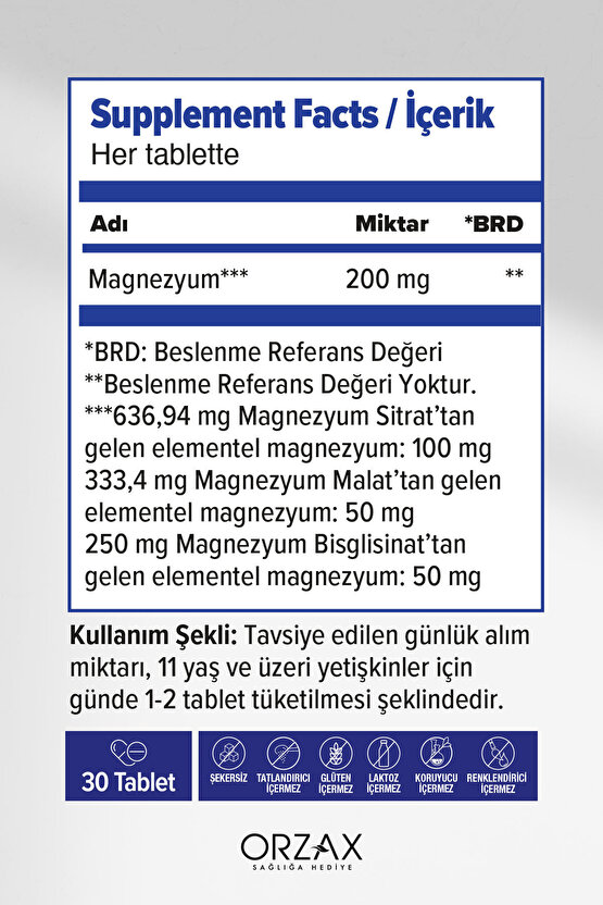 ExtraMag Üçlü Kombinasyon Magnezyum 200 mg Takviye Edici Gıda 30 Tablet