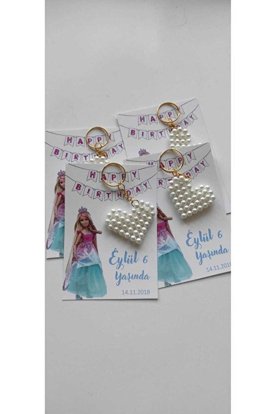 Prensesli Kartlı-incili Kalpli Hediyelik Anahtarlık Doğum Günü Hediyelik 8 Adet