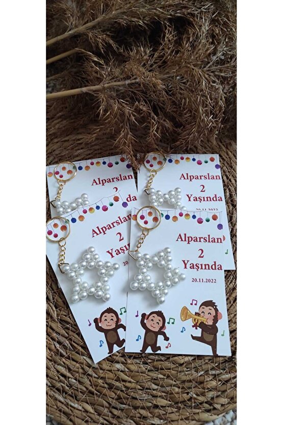 Doğum Günü Hediyelik Incili Yıldız Anahtarlık 8 Adet Anı Kartlı