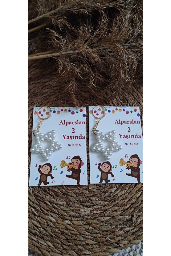 Doğum Günü Hediyelik Incili Yıldız Anahtarlık 8 Adet Anı Kartlı