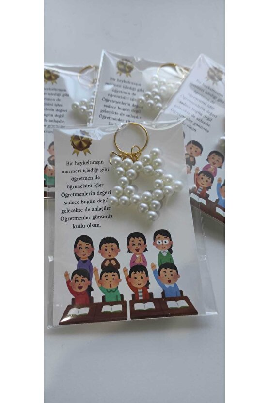 Öğretmenler Günü Hediyelik Kart Tasarımlı Yıldız Incili Anahtarlık 4 Adet