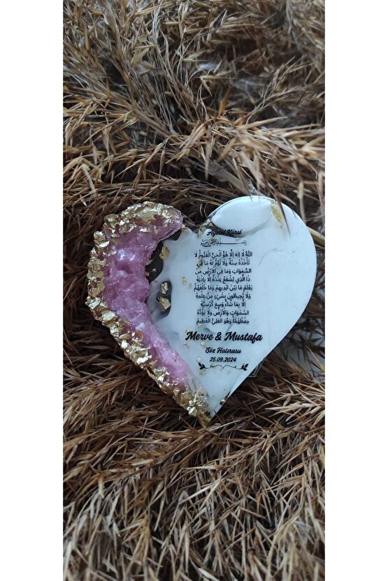 Epoksi Kalp Hediyelik Magnet Özel Tasarım Ayet-el Kürsi Baskı-20 Adet-söz-nişan-nikah-kına Hatırası