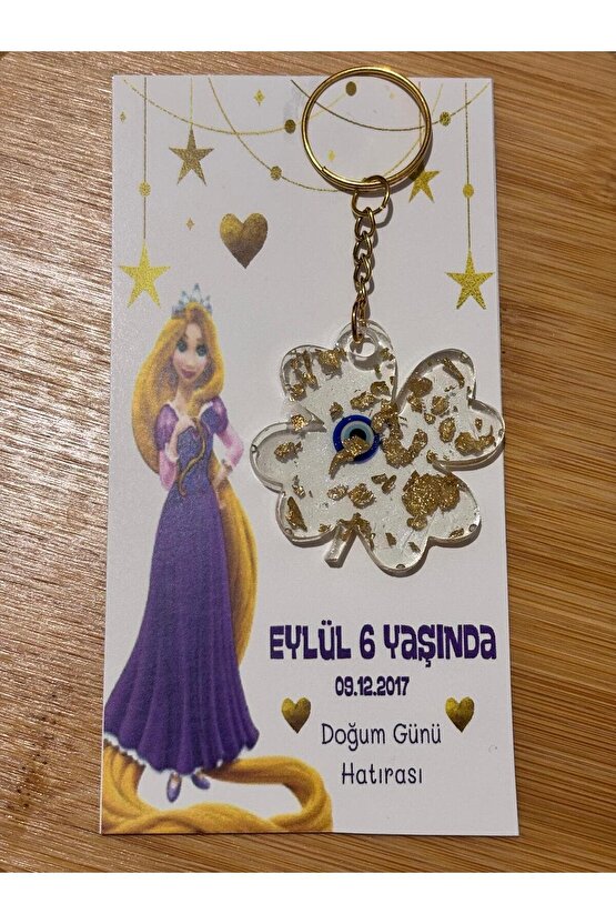 Epoksi Anahtarlık 10 Adet Doğum Günü Özel Tasarım Kart Rapunzel Prensesli Konseptli