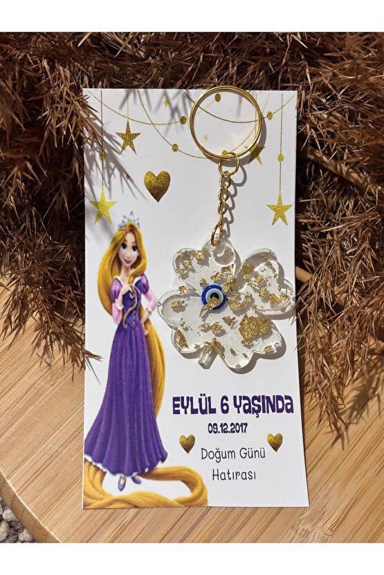 Epoksi Anahtarlık 10 Adet Doğum Günü Özel Tasarım Kart Rapunzel Prensesli Konseptli