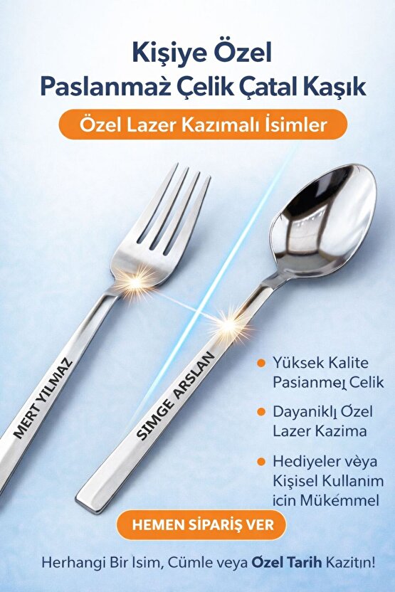 Kişiye Özel Lazer İşlemeli Paslanmaz Çelik Tatlı Kaşığı 6 ADET – Unutulmaz Bir Hediye