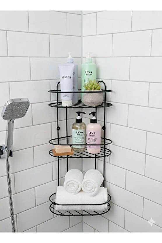 3 Katlı Metal Banyo ve Mutfak Düzenleyici Köşe Rafı 50 cm Vidalı - Yapışkanlı