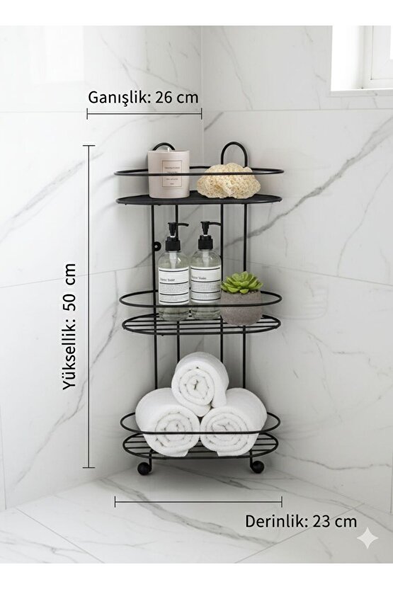 3 Katlı Metal Banyo ve Mutfak Düzenleyici Köşe Rafı 50 cm Vidalı - Yapışkanlı