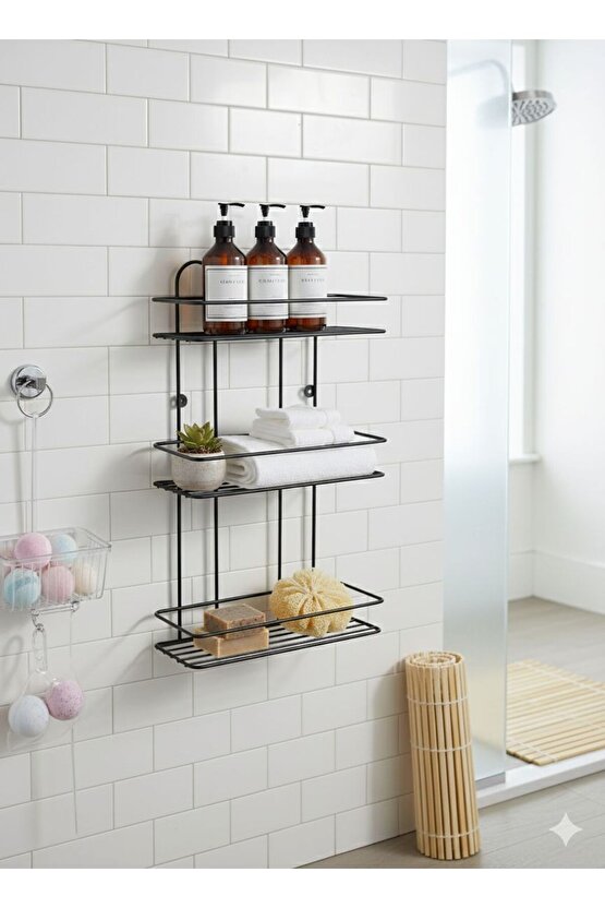 Ömür Boyu Paslanmaz Vidalı -Yapışkanlı 3 Katlı Banyo Rafı Duş Şampuanlık Duvar Düzenleyici Organizer