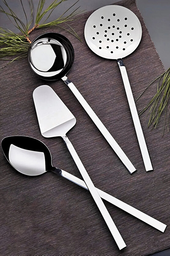 4 Parça Kepçe Kevgir Spatula Servis Kaşığı Seti Paslanmaz Çelik