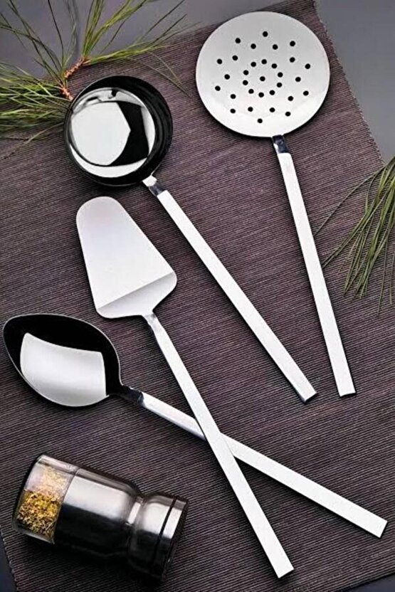4lü Servis Seti Kepçe Kevgir Kaşık Spatula Takımı 4 Adet