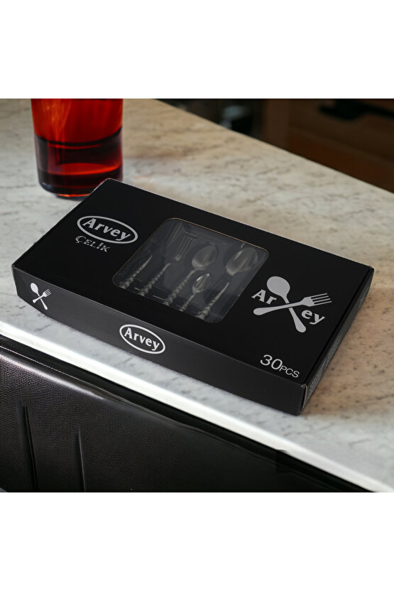 Kutulu 30 Parça 6 Kişilik Çatal Kaşık Takımı Kalpli Model