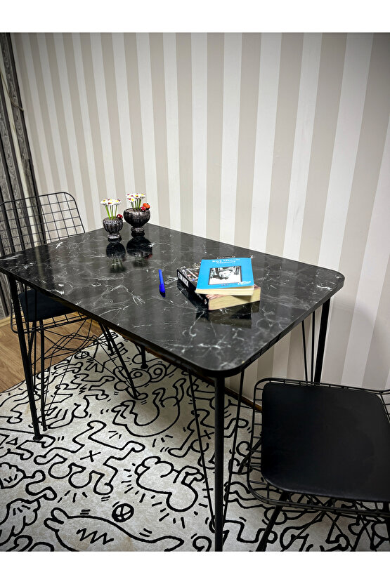 Siyah Metal Ayaklı 60x90 Siyah Mermer Desen Mutfak Masası -Balkon Masası-Çalışma Masası