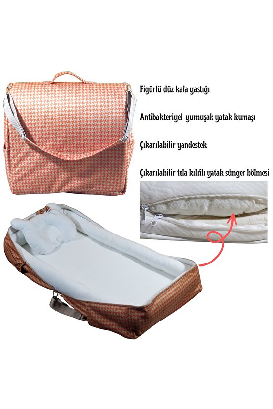 Çantalı Babynest, Bebek Çantası, Taşına Bilir Ebeveyn Yanı Reflü Yatağı Kazayağı Desenli