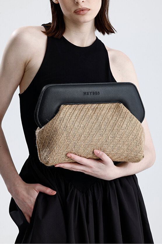 Heybes Kadın Siyah Çerçeveli Balık Sırtı Jüt Clutch El Çantası