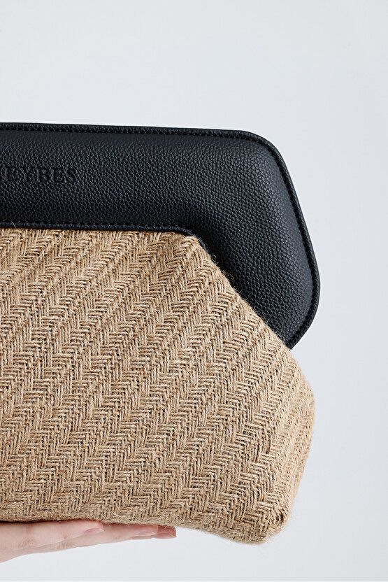 Heybes Kadın Siyah Çerçeveli Balık Sırtı Jüt Clutch El Çantası