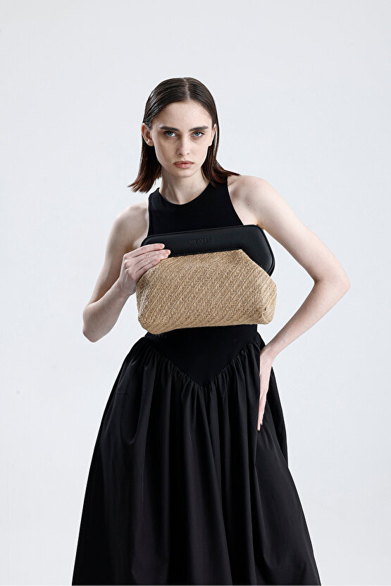 Heybes Kadın Siyah Çerçeveli Balık Sırtı Jüt Clutch El Çantası