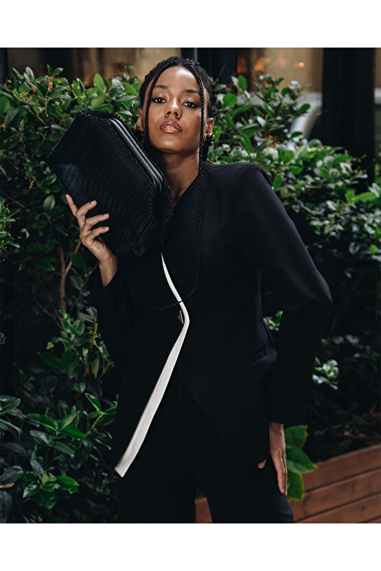 Heybes Kadın Siyah Petek Desenli Şeffaf Clutch El Çantası