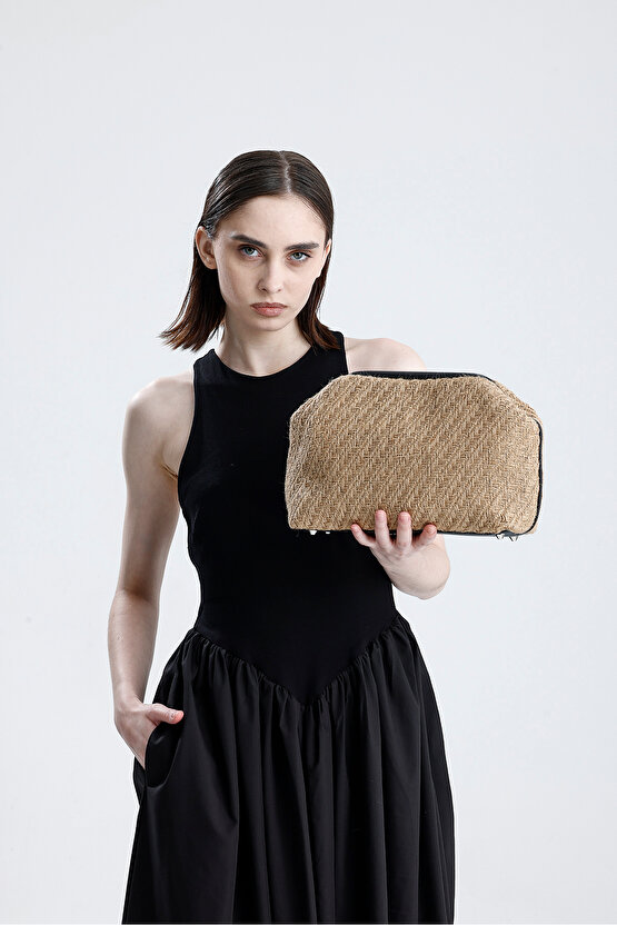 Heybes Kadın Siyah Deri Detaylı Balık Sırtı Örgü Jüt Clutch El Çantası