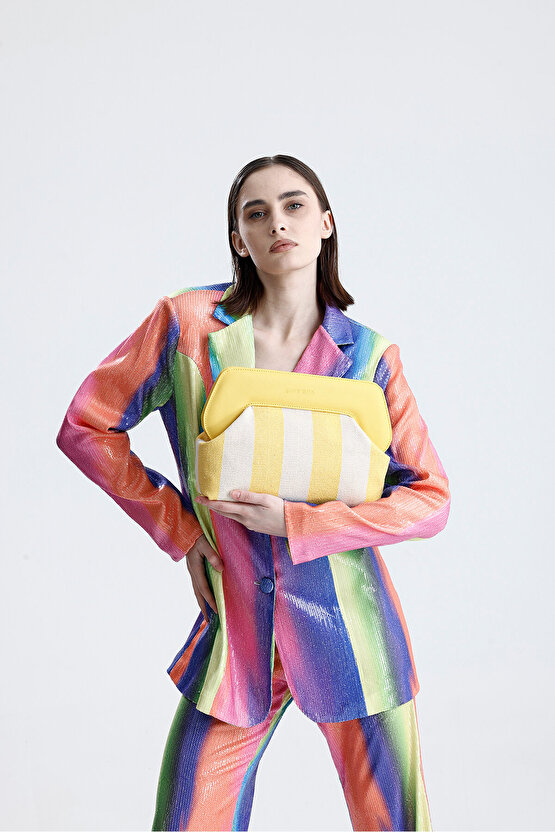 Heybes Kadın Sarı Çizgi Desenli Kanvas Clutch El Çantası