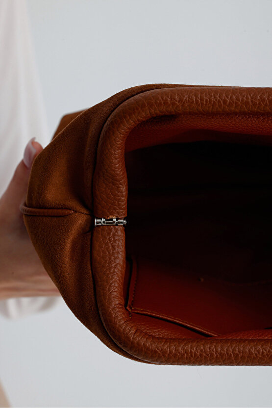 Heybes Kadın Taba Kahve Süet Clutch El Çantası