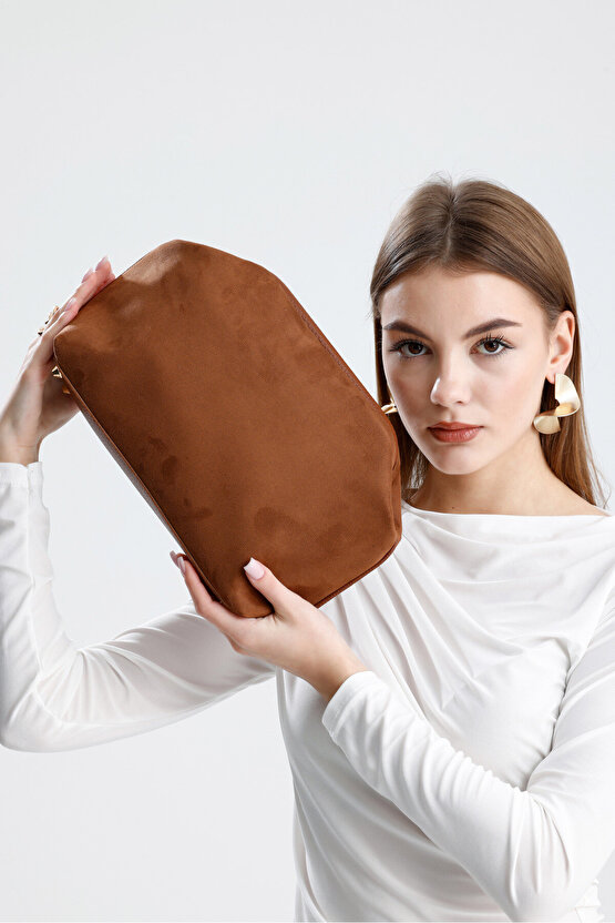 Heybes Kadın Taba Kahve Süet Clutch El Çantası