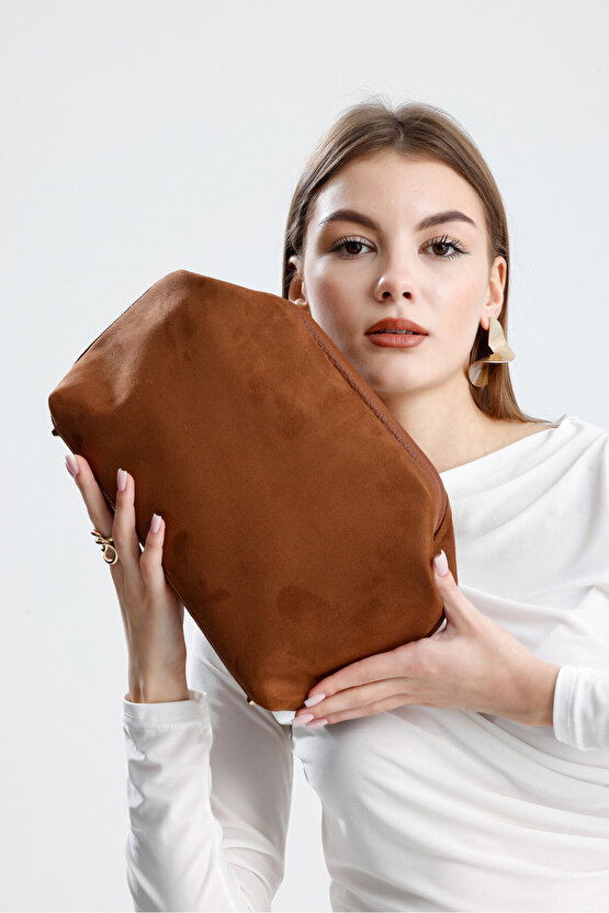 Heybes Kadın Taba Kahve Süet Clutch El Çantası
