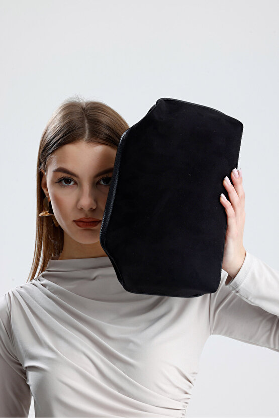 Heybes Kadın Siyah Süet Clutch El Çantası