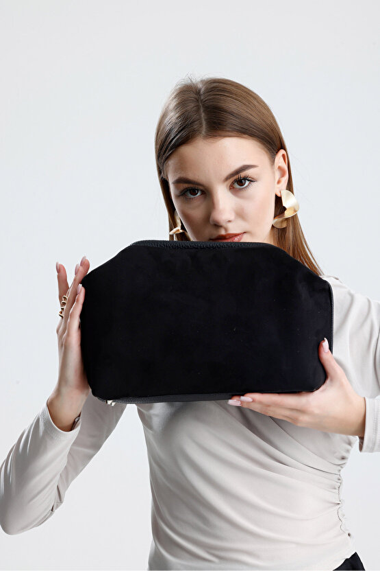 Heybes Kadın Siyah Süet Clutch El Çantası