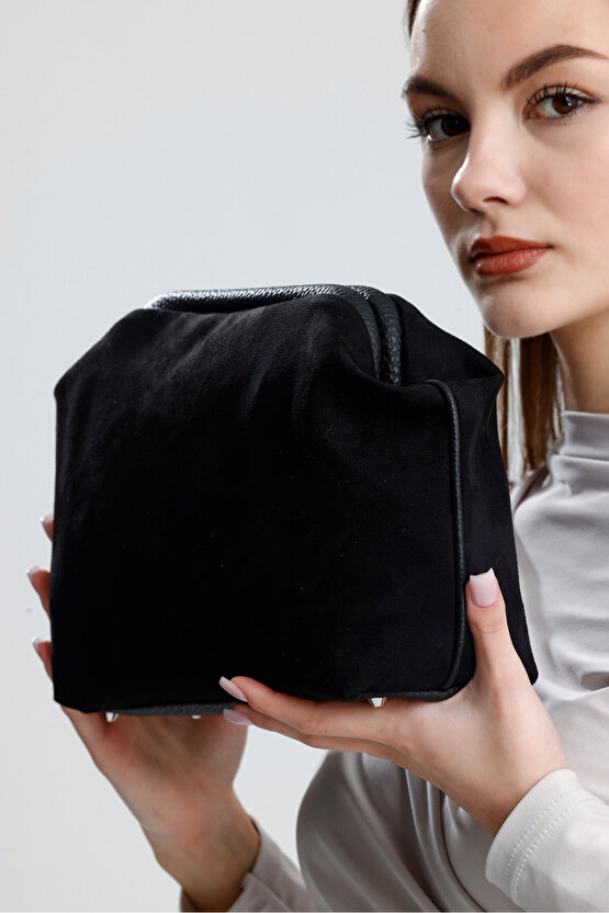 Heybes Kadın Siyah Süet Clutch El Çantası