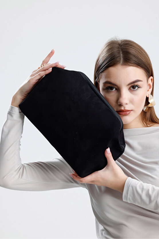 Heybes Kadın Siyah Süet Clutch El Çantası