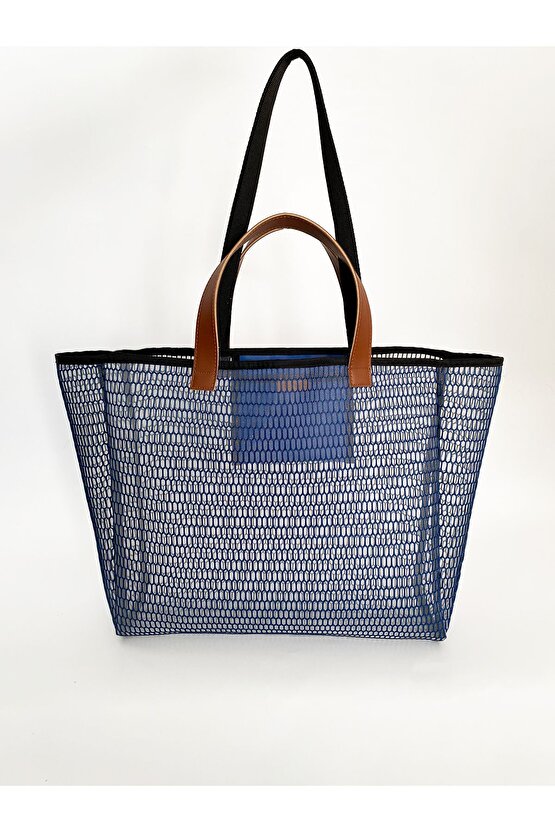 Kadın Mavi Petek Desenli Şeffaf Büyük Boy Plaj Ve Alışveriş Shopper Tote Omuz Çantası