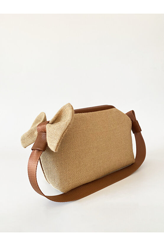Kadın Kahverengi Biyeli Fiyonk Detaylı Çıkarılabilir Saplı Jüt Hasır Omuz ve El Çantası