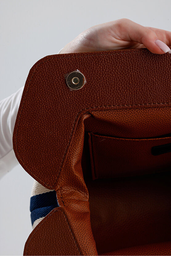 Heybes Kadın Lacivert Çizgi Desenli Kanvas Clutch El Çantası