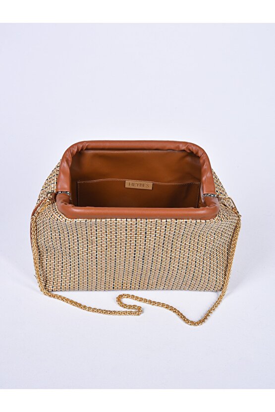 Heybes Kadın Kahve Biyeli Çizgi Desenli Zincir Askılı Omuz Çantası