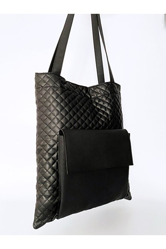 Kadın Siyah Cepli Kapitone Omuz Çantası