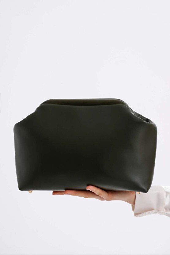 Heybes Kadın Haki Yeşil Vegan Deri Clutch El Çantası