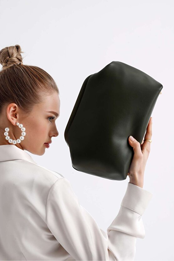 Heybes Kadın Haki Yeşil Vegan Deri Clutch El Çantası