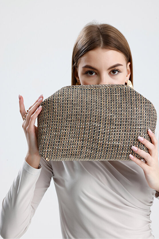 Heybes Kadın Çizgili Jüt Hasır Clutch El Çantası