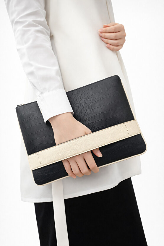 Bantlı Siyah Kroko Desenli Portföy Çanta