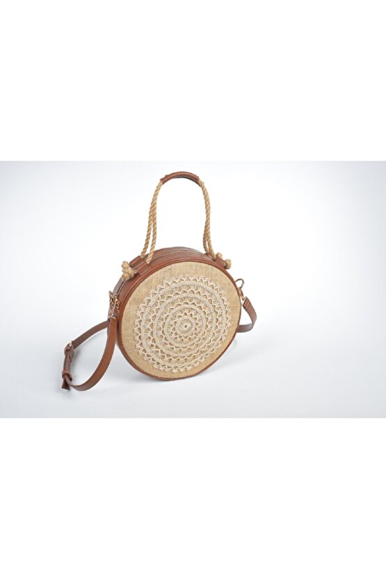 Heybes Kadın El Yapımı Dantel Detaylı Yuvarlak Hasır Omuz Çantası