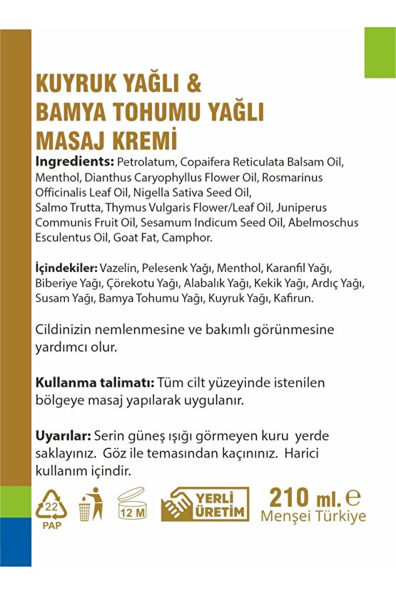 Kuyruk Yağlı & Bamya Tohumu Yağlı Krem 210 ml x 2 Kutu