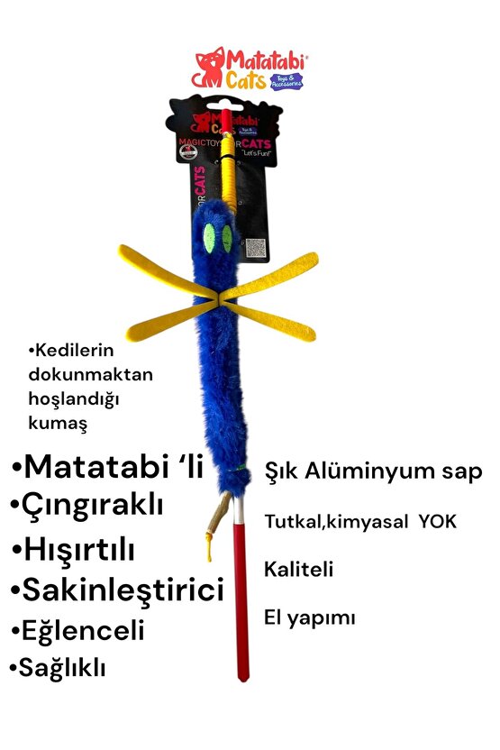 Matatabi Cats SİNEK Alüminyum saplı kedi oltası(Matatabi,çıngırak ve özel hışırtı içerir.özel kumaş)