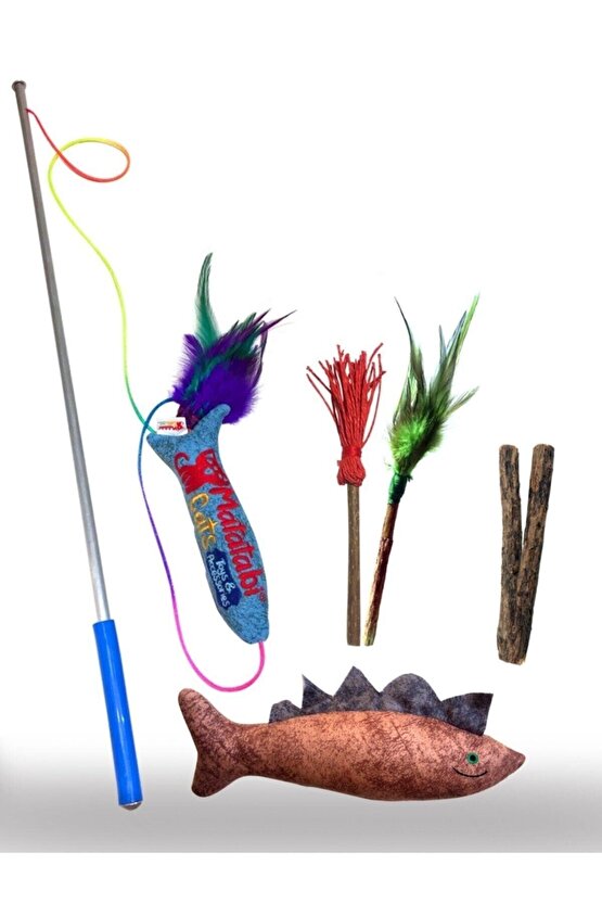 Premium Set Kedi Oltası, Çiğneme Çubuğu, Sesli Peluş Kedi Oyuncağı 4lü Set