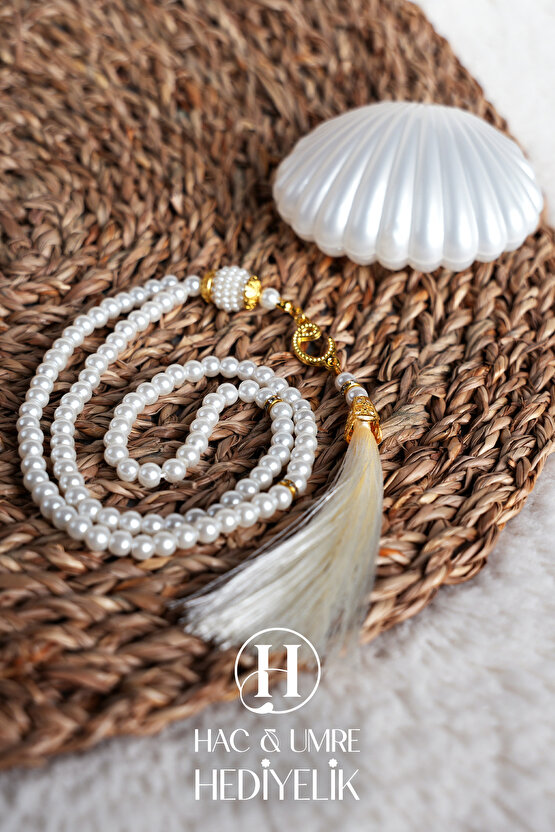 İnci Tesbih | Hediyelik İnci Tesbih | Deniz Kabuğu Kutulu 99lu İnci Tesbih Vav Süslü Püsküllü