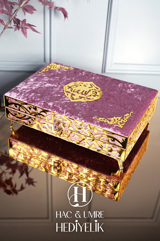 Kadife Kaplı Sandıklı Hediyelik Kuranı Kerim Seti | Lüks Ahşap Kutu, Kuran, Şal ve İnci Tesbih Seti