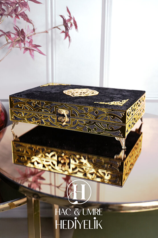 Hediyelik Kuranı Kerim | İslami Hediye | Lüks Ahşap Kutu, Kadife Kuran, Şal ve İnci Tesbih Seti