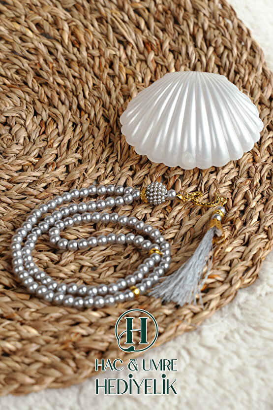 Tesbih Hediyelik | Özel Gün Davet Hediyesi | Deniz Kabuğu Kutulu 99lu İnci Tesbih Vav Süslü Püsküllü